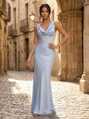 Satin Mermaid V Neck Long Formal Dresses with Pleated