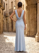 Satin Mermaid V Neck Long Formal Dresses with Pleated Wedding Guest Maxi Dresses