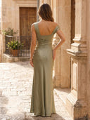 Satin Mermaid One Shoulder Long Formal Dresses with Pleated