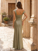 Satin Mermaid One Shoulder Long Formal Dresses with Pleated Wedding Guest Maxi Dresses