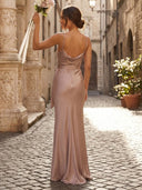 Satin Mermaid V Neck Spaghetti Straps Long Formal Dresses with Pleated Wedding Guest Maxi Dresses