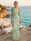 Satin Mermaid One Shoulder Long Formal Dresses with 3D Flower