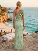 Satin Mermaid One Shoulder Long Formal Dresses with 3D Flower