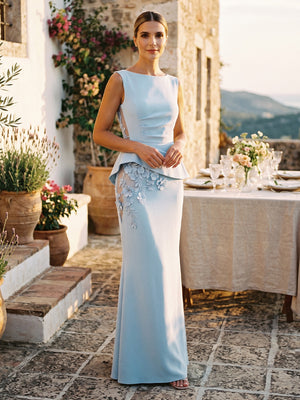 Satin Mermaid Scoop Neck Long Formal Dresses with Jacquard