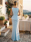Satin Mermaid Scoop Neck Long Formal Dresses with Jacquard