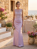 Satin Mermaid Scoop Neck Long Formal Dresses with Lace