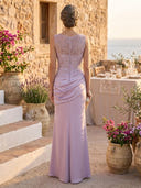 Satin Mermaid Scoop Neck Long Formal Dresses with Lace