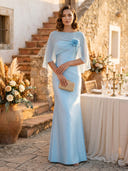 Satin Mermaid Scoop Neck Long Formal Dresses with Cape