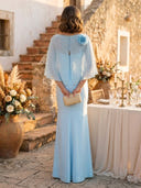 Satin Mermaid Scoop Neck Long Formal Dresses with Cape