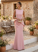 Satin Mermaid Scoop Neck Long Formal Dresses with Flowers