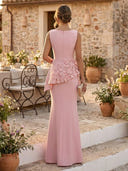 Satin Mermaid Scoop Neck Long Formal Dresses with Flowers