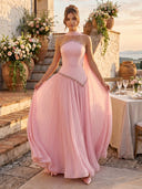 Chiffon A Line Strapless Long Formal Dresses with Beadings