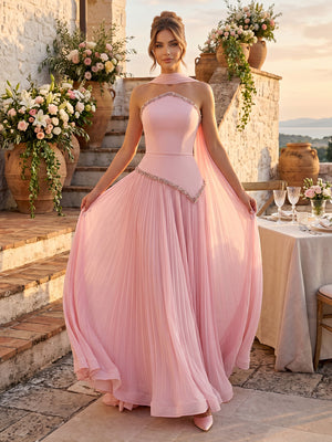 Chiffon A Line Strapless Long Formal Dresses with Beadings