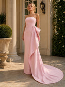 Satin Mermaid Strapless Long Formal Dresses with Ruffles