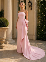 Satin Mermaid Strapless Long Formal Dresses with Ruffles