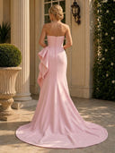 Satin Mermaid Strapless Long Formal Dresses with Ruffles