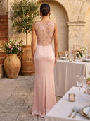 Satin Mermaid Sleeveless Long Formal Dresses with Lace
