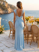 Satin Mermaid V Neck Sleeveless Long Formal Dresses with Pleats