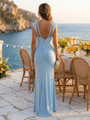 Satin Mermaid V Neck Long Formal Dresses with Pleats Wedding Guest Sleeveless Maxi Dresses