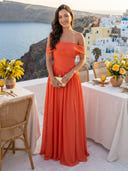 Chiffon A Line Off Shoulder Long Formal Dresses with Pleats