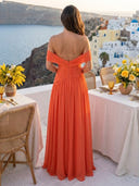 Chiffon A Line Off Shoulder Long Formal Dresses with Pleats