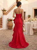Satin Mermaid Sleeveless Long Formal Dresses with Ruffles