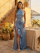 Satin Mermaid Halter Long Formal Dresses with Slit