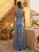 Satin Mermaid Halter Long Formal Dresses with Slit