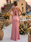 Satin Mermaid Halter Sleeveless Long Formal Dresses with Slit