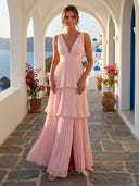 A Line V Neck Sleeveless Long Formal Dresses with Slit
