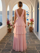 A Line V Neck Sleeveless Long Formal Dresses with Slit