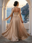 A Line V Neck Sleeveless Long Formal Dresses with Scarf