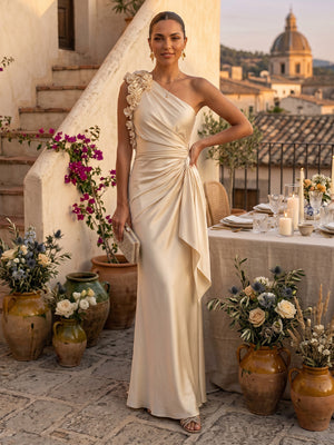 Mermaid One Shoulder Sleeveless Long Formal Dresses with Flower