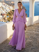 A Line Chiffon V Neck Long Sleeve Formal Dresses with Pleats