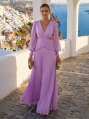 A Line Formal Dresses V Neck Short Sleeve Long Formal Dresses with Slit Wedding Guest Maxi Dresses