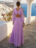 A Line Chiffon V Neck Long Sleeve Formal Dresses with Pleats