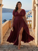 A Line V Neck Short Sleeve Long Formal Dresses with Slit