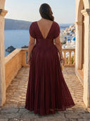 A Line V Neck Short Sleeve Long Formal Dresses with Slit