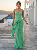 Mermaid Satin Strapless Pleated Sleeveless Long Formal Dresses