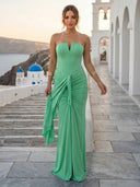 Mermaid Satin Strapless Pleated Long Formal Dresses Wedding Guest Sleeveless Maxi Dresses
