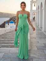 Mermaid Satin Strapless Pleated Sleeveless Long Formal Dresses