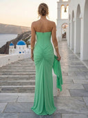 Mermaid Satin Strapless Pleated Long Formal Dresses Wedding Guest Sleeveless Maxi Dresses