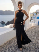Mermaid Satin Halter Sleeveless Long Formal Dresses with Slit