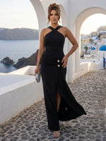 Mermaid Satin Halter Sleeveless Long Formal Dresses with Slit