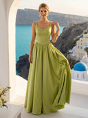 A Line Spaghetti Straps Satin Square Neck Long Formal Dresses