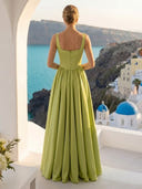 A Line Spaghetti Straps Satin Square Neck Long Formal Dresses