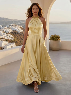 A Line Halter Sleeveless Long Formal Dresses with Pockets