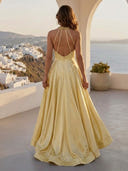 A Line Halter Sleeveless Long Formal Dresses with Pockets