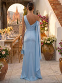 Satin Ruffled Mermaid One Shoulder Sleeveless Long Formal Dresses