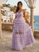 Tulle A Line Tiered V Neck Sleeveless Long Formal Dresses